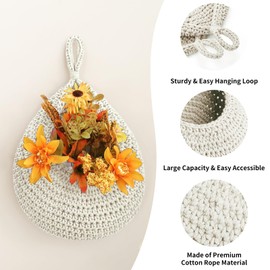 INJORAN Boho Wall Hanging Fruit Baskets for Kitchen 3 Pack Woven Produce Holder with 6 Pcs Strong Hooks Vegetable Hanging Basket for Organizing Teardrop Home Wall Potato Onion Storage, White