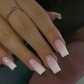 SXVME French False Nails Long Square, Ombre Pink Press on Nails Long Medium Coffin, Glossy Gel Fake Nails Press on, Gradient Color Square Tip Nails Stick on Nails For Women Daily Wear, 24 Pcs