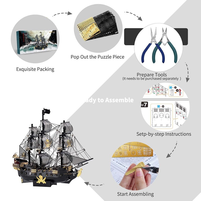 Piececool 3D Puzzles for Adults, Black Pearl Pirate Ship Metal