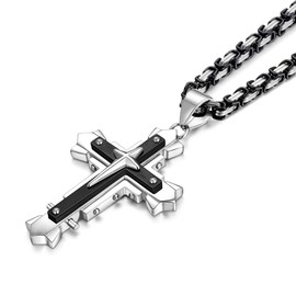 GOVENUS Stainless Steel Large Jesus Christ Cross Pendant Necklace Religious Jewelry For Men,On 24"+2" Inch Byzantine Chain,Black