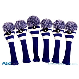 Majek Golf Club 3 5 7 9 11 13 White and Blue Limited Edition Fairway Wood Head Covers Tour Knit Retro Vintage Pom Classic Long Neck Metal Longneck Woods Headcovers