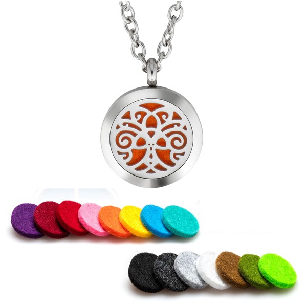 Plant Guru Essential Oil Diffuser Necklace Aromatherapy 25mm Stainless Steel Locket Pendant with 24 Inch Adjustable Chain, 15 Washable Refill Felt Pads. (Bouquet)