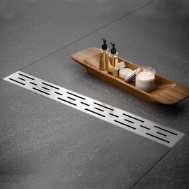 BAUNVB Linear Shower Drain, Brushed Nickel Shower Drain 24 Inch with Removable Grate, SUS-304 Stainless Steel Rectangle Floor Drain with Leveling Feet and Hair Strainer, Bathroom Modern Drain SD-101