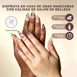 Uñas Postizas con Punta Francesa, Uñas Press on para Manos, Cortas y Puntiagudas en Forma de Almendra con Acabado UV, Kit de Uñas Semitransparentes de