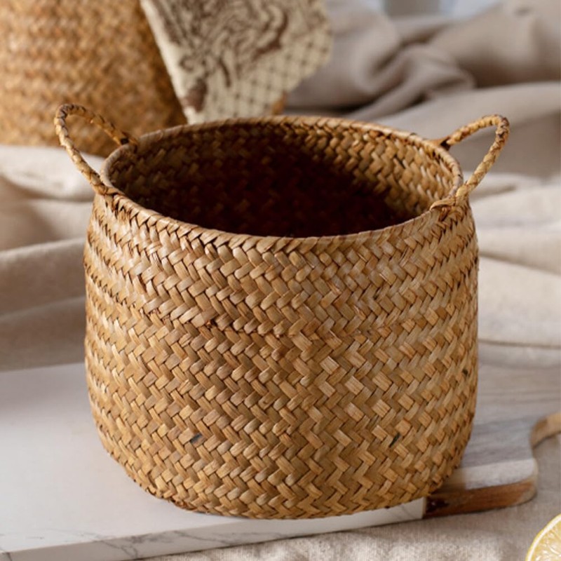 Kichvoe Rattan Storage Boxes With Handles - Cane Seagrass Plant