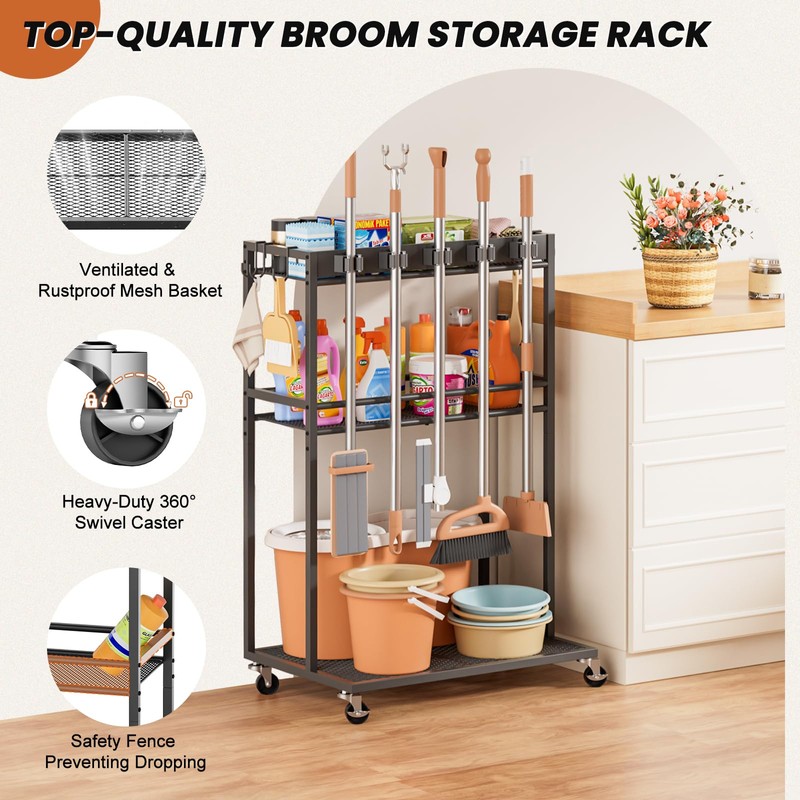 Broom Holder with Cleaning Supplies Organizer, Broom Closet Storage Cabinet