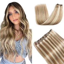 XDhair Weft Hair Extensions Human Hair 22Inch 100g Sew in Hair Extensions Human Hair Light Brown Highligh Platinum Blonde Double Weft Real Human Hair#8p60 22inch