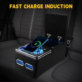 TENGBASE Center Console Organizer, Wireless Charging Phone Holder and Cup Holder for Cars and Trucks, Practical and Comfortable Car Center Console Storage Box, LED Light and Premium Leathe