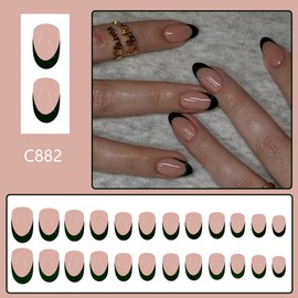 Black French Tip Press on Nails Short Almond Fake Nails Press ons with Designs Reusable Acrylic Nails Full Cover Artificial Stick on Nails for Women Manicure 24Pcs