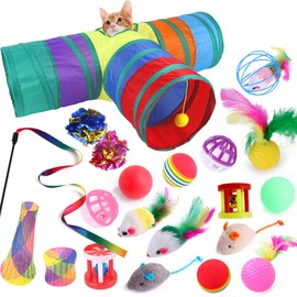 ZYYRSS Cat Toys, 21 Pcs Kitten Toys Interactive Cat Toys, Collapsible Tunnel, Interactive Feather Wand Ball Spring Mice Toy for Puppy Kitty