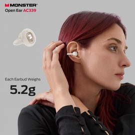 Monster Open Ear AC339 Earbuds, Bluetooth 6.0 Earphones Stereo Sound, Open Ear Clip Wireless Earbuds 40 Hours Playback, with Smart Digital Display Design, Touch Control, IPX6 Waterproof,Beige