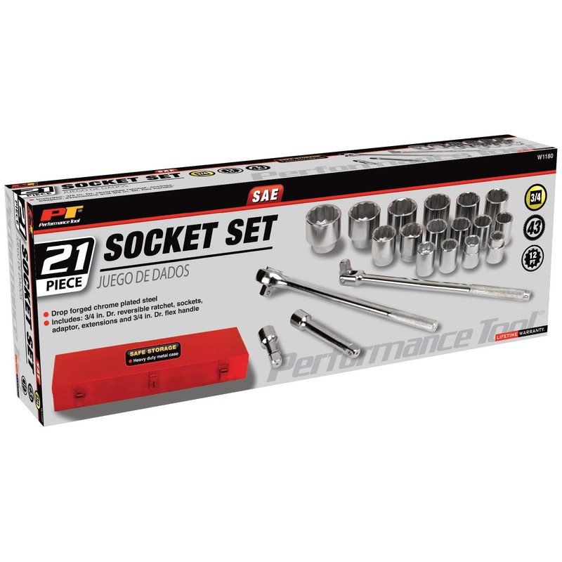 Performance Tool W1180 SAE 3/4-Inch Drive Socket Set, 21-Piece