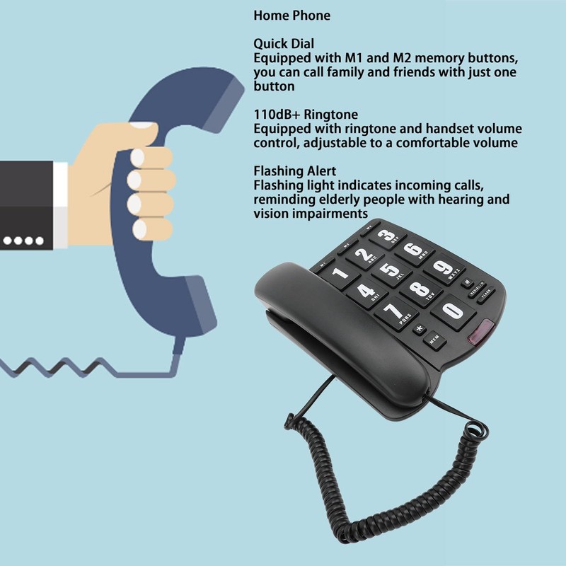 Big Button Telephone, Corded Landline Phone Speakerphone Adjustable Volume, One