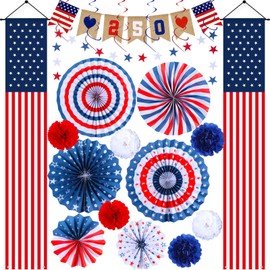 America 250th Anniversary Decorations 4th of July Patriotic Decor Set 22 Pcs USA Flag Banner Paper Fans Hanging Swirls Red White Blue Pom Poms for Memorial Veterans Labor Flag Day Home Decor