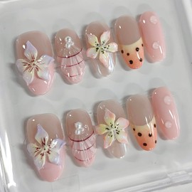 Handmade Press on Nails Almond Medium Length 3D Floral Nails French Tip Thick Acrylic Fake Nails Pink False Nails with Polka Dots Flower Pearls Designs Sturdy Nail Art Press on Nails 10Pcs(M)