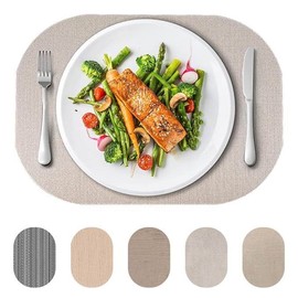 Andie Home Oval Placemats for Kitchen Table and Dining Room, 6-Piece Set, Heat-Resistant and Surface Washable Placemat, Oyster, Warm Light Gray, 17"x12"