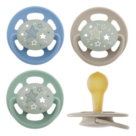 Now even more tooth-friendly: nip Cherry dummy, glow in the dark, flat cherry shaped teat made of natural rubber, breastfeeding-friendly, BPA-free, sustainable, from 6 months, pack of 4, blue/green