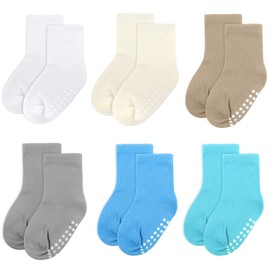 jealkip 6 pack baby socks, cotton crew children's socks, non-slip grip socks, unisex, for toddlers, boys, girls, White/Cream/Khaki/Lightgray/Skyblue/Lakeblue, 6 Months