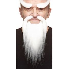 Mustaches Self Adhesive, Novelty, Shaolin Monk Fake Beard, Fake Mustache and Fake Eyebrows, White Color