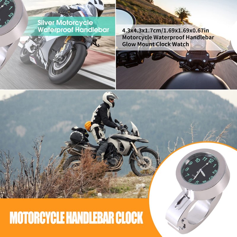 Motorcycle Handlebar Clock, Motorcycle Clock, Waterproof Silver Motorcycle Handlebar Glow