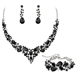 Ever Faith Wedding Bridal Jewellery Sets for Women, Sparkly Rhinestone Crystal Floral Teardrop Cluster Statement Necklace Dangle Drop Earrings Bracelet Set 3 Pcs Costume Jewelry Black Silver-Tone