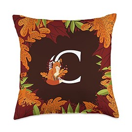 Letter C Initial Monogram, Autumn Fall Leaves, Cute Fox Throw Pillow