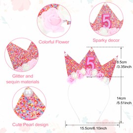 Nogeqi Birthday Crown Girl 5 Years 6 Years Crown Birthday Girl 5 Year 6 Year Birthday Crown Girl Birthday Headband with Glitter Numbers and Rose Flowers