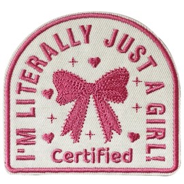 Tavashome Certified I'm Literally Just A Girl Embroidered Iron on Sew on Patches, 3.15" x 3.34" Sized, Pink Bow Tie Applique Patches for Hats Clothes Backpack Bags Dog Harness Collar Vests