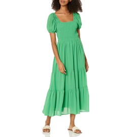 Moon River Women's Puff Sleeve Tiered Shirred Smock MIDI Dress, Green