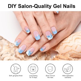 DUKASOU Semi Cured Gel Nail Strips, Blue Rose French | 28 pcs Chinese Style Gel Nail Strips Work with Any UV Lamp, Salon Quality New Chinese Nail Stickers, Include Prep Pads, Nail File&Wood Stick