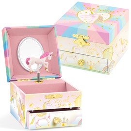 A&A Music Jewelry Box for Girls Paired with Magic Unicorn Theme Rotating Playback the Tune for Beautiful Dream Pink-Purple