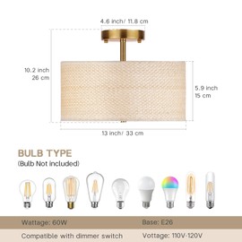 CLARSYNE 13" Boho Rattan-Style Semi Flush Mount Ceiling Light Fixture, 3-Light Modern Fabric Shade Drum Lamp, White Rustic Lighting for Bedroom, Kitchen, Dining Room, Living Room, Hallway, Entryway