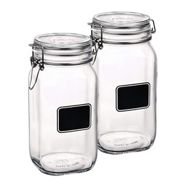 Bormioli Rocco Fido Collection, 2 Pack, 50.75 Oz. Food Storage Glass Jars, With Chalkboard, Airtight Rubber Seal & Glass Lid, With Steel Wire Clamp, Made In Italy.