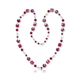 Hand Beaded Wire Wrapped Multi-shape Crystal & Cultured Fresh Water Pearl Long or Multi-strand Necklace in Opaque-Red Iridescent Crystal, about 37" Inches Long