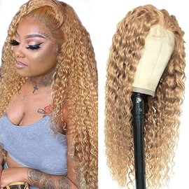 Tuheerst Blonde Human Hair Wig, Water Wave Real Hair Wig, Women's 4x4#27 Swiss Lace Brazilian Real Hair, Remy Hair, Pre-Plucked, Natural Hairline with Baby Hair, 16 Inches (40.6 cm)