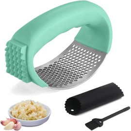 Stainless Steel Garlic Presser, 1Pc Garlic Press Rocker Garlic Mincer Garlic Crusher with Peeler and Brush,Stainless Steel Garlic Press Rocker,Stainless Steel Garlic Press Rocker Garlic Crusher,Green