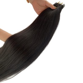 Smavida 22'' Light Yaki Straight Tape in Hair Extensions Human, PU Skin Weft 100% #1B Natural Black Colored Glue ins for Women