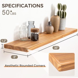 36" Rustic Elm Wood Floating Shelves, 8 Inch Deep Wall Shelves for Home Decor, Wall Mounted Floating Shelf with Invisible Bracket, Heavy-Duty Storage & Display Shelf for Living Room, Kitchen, Set of 2