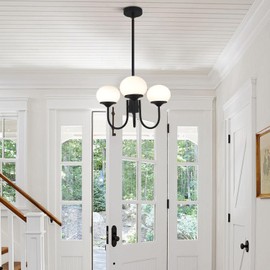 BOKT Dining Room Light Fixtures Over Table, Black Chandeliers for Farmhouse, Foyer Lighting Fixture with White Glass Shade for Kitchen
