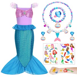 AUNGKWANG Mermaid Costume Girls, Pack of 4 Mermaid Dress Girls, Mermaid Tail Necklace, Sticker Mermaid Girls, Fancy Dress Costumes Children for Party Christmas Cosplay