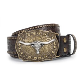 KorhLeoh Cowboy Belt for Men Women Western PU Leather Studded Floral Bull Head Buckle Country Style, brown