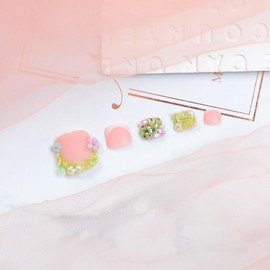 24 Pcs Press On Toenails for Women MINGCHUN Summer Matte Pink Toe Nails Press Ons Toe Nail Tip with Tool Fake Nails Full Cover False Toenails with Rhinestone Flower Charms Seaweed White French Design