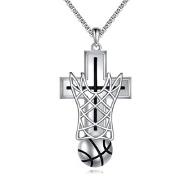 YAFEINI Basketball / Baseball Cross Chain for Men 925 Sterling Silver Sports Pendant Necklace Hip Hop Cross Basketball Jewellery Gift, Sterling Silver, No Gemstone