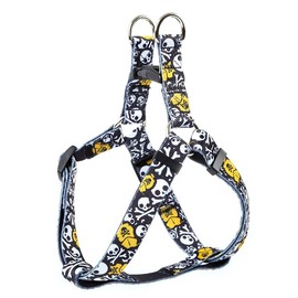 Skull & Crossbones Adjustable Step-in Dog Harness – No-Pull Pet Harness with Stylish Black & Yellow Punk Rock Design, Secure & Comfortable for Small to Large Dogs Medium Dogs