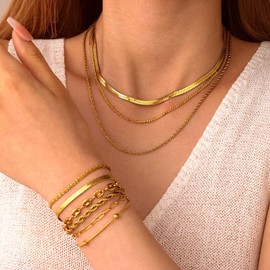 GMWGMW 18K Gold Plated Necklace Bracelet Set Womens Stackable Adjustable Stainless Steel Minimalist Modern Everyday Jewelry Gift Gold and Silver