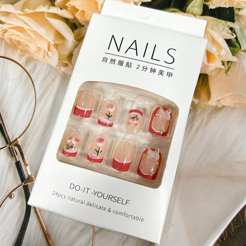 Press on Nails Medium Square Tulip Flower Pearl Crystal Butterfly