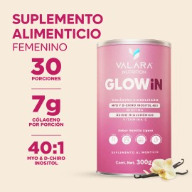 Colágeno hidrolizado 300g con Myo & D‑Chiro Inositol 40:1 + Biotina + Ácido Hialurónico + Vitamina C | Sabor Vainilla | Valara Glowin - Suplemento femenino uñas, piel y cabello