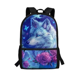Watdotory Wolf Backpack for Girls 8-10/12-14 Bookbag Kids Pink Rose Elementary School Bag Student Bookbag 17 Inch Middle School Student Back Pack Schoolbag with Side Pocket