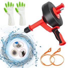 Feeloco Plumbing Snake Drain Auger,Drain Clog Remove with Drill Adapter Manually or Powered Use,42ft Flexible Snake Drain Hair Remover Tool for Bathroom Shower Sink and Kitchen(RED-42FT)