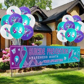 Suicide Prevention Awareness Party Decorations,Include Banner and Balloons,Teal and Purple Ribbon Outdoor Yard Sign for World Suicide Prevention Month Scene & Charity Party Supplies.